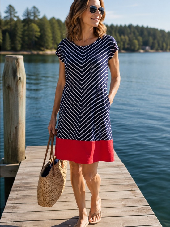 Hatley Dresses & Skirts - Hatley Blue White Chevron Stripes Wide Red Band Shirt Dress Size M